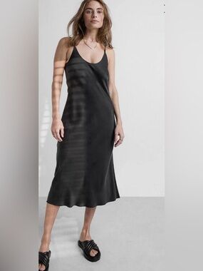 Lunya Washable Silk Bias Slip Dress Black Low Back Midi Size S Minimal